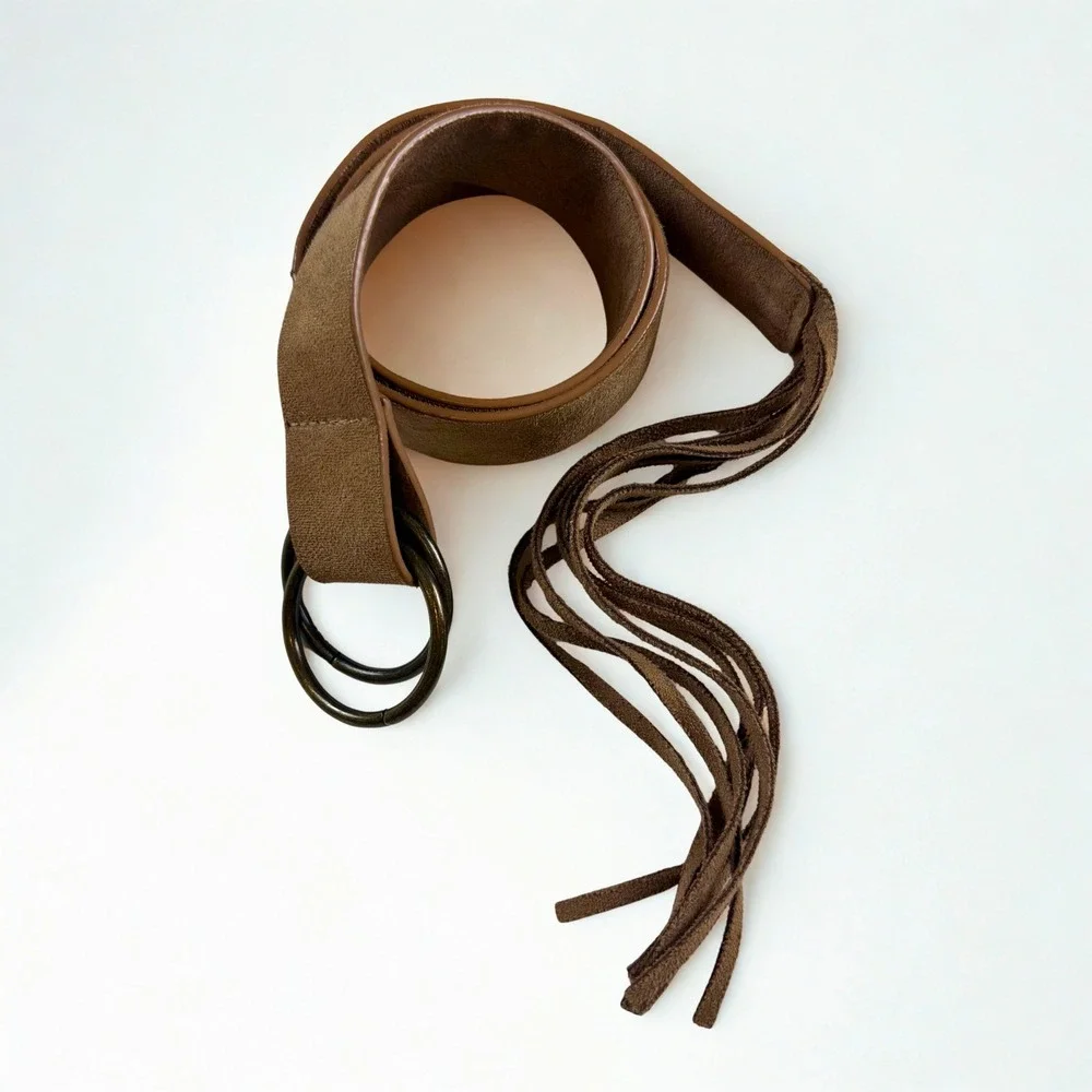 Faux Suede Fringe Belt Womens OS Brown Double Ring Boho Western Rustic Unbranded